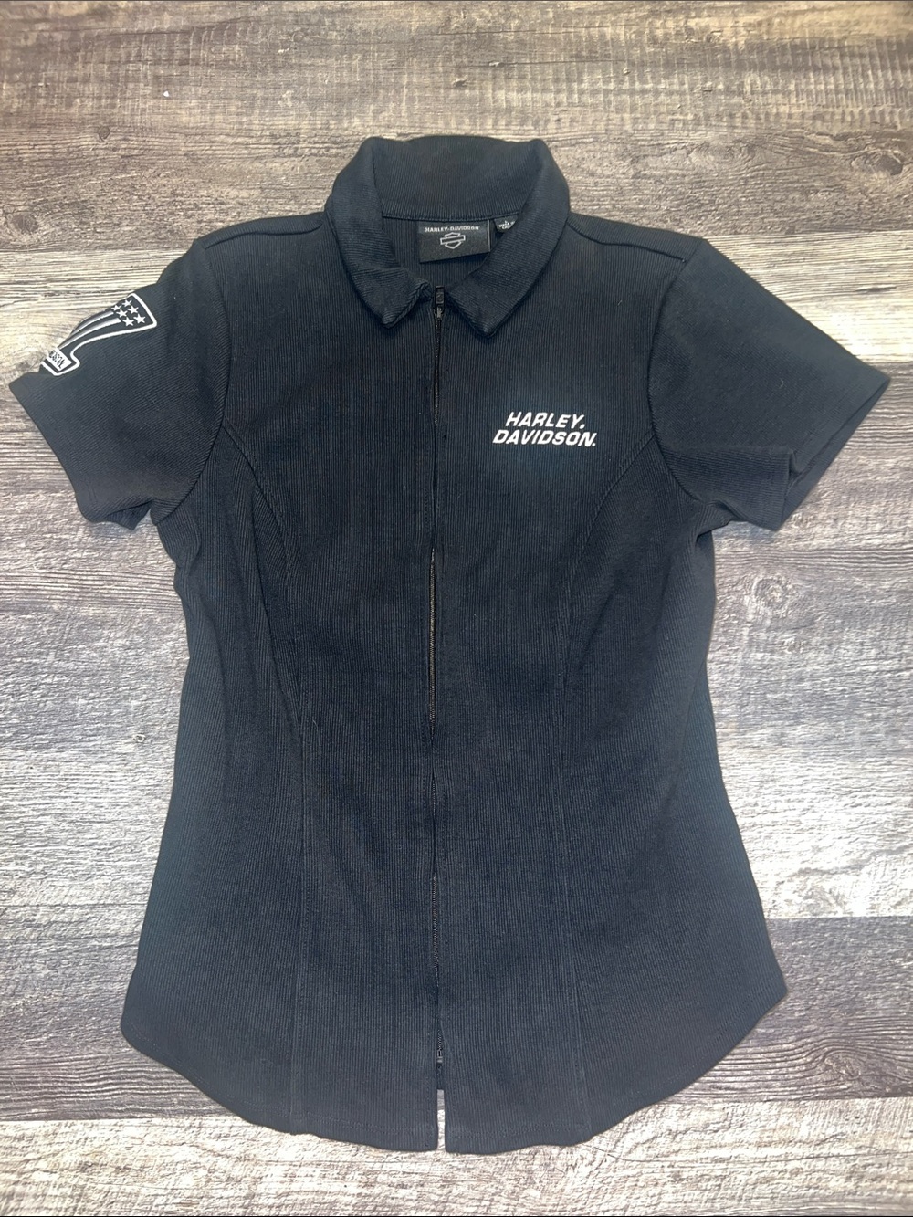 Harley Davidson Women’s Black #1 Racing Zip Front Shirt Short Sleeve Large